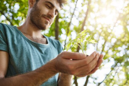 Selective focus. Close up portrait of young dark-skinned male with beard in blue shirt holding little plant in hands. Man working in garden in sunny day feeling relaxed and happy. Selective focus. Close up portrait of young dark-skinned male with beard in blue shirt holding little plant in hands. Man working in garden in sunny day feeling relaxed and happy